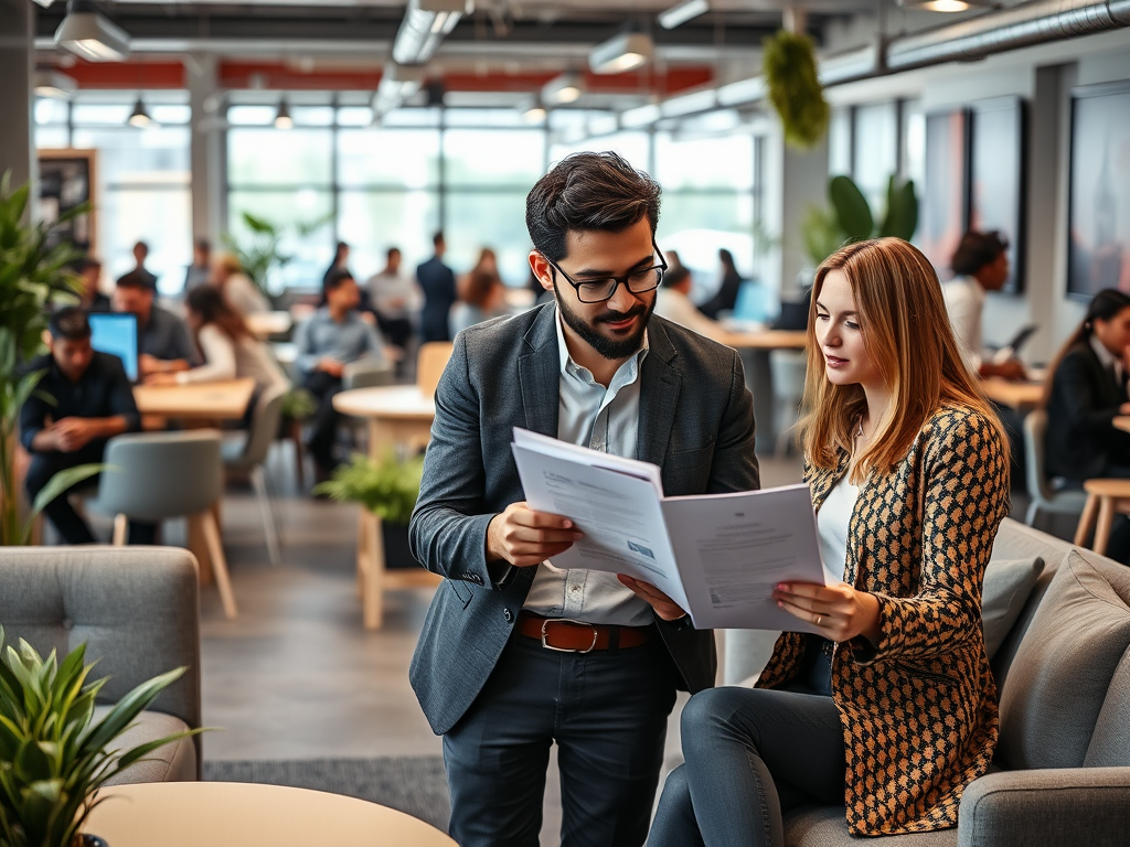 A man and woman discuss documents in a modern office with people working in the background.