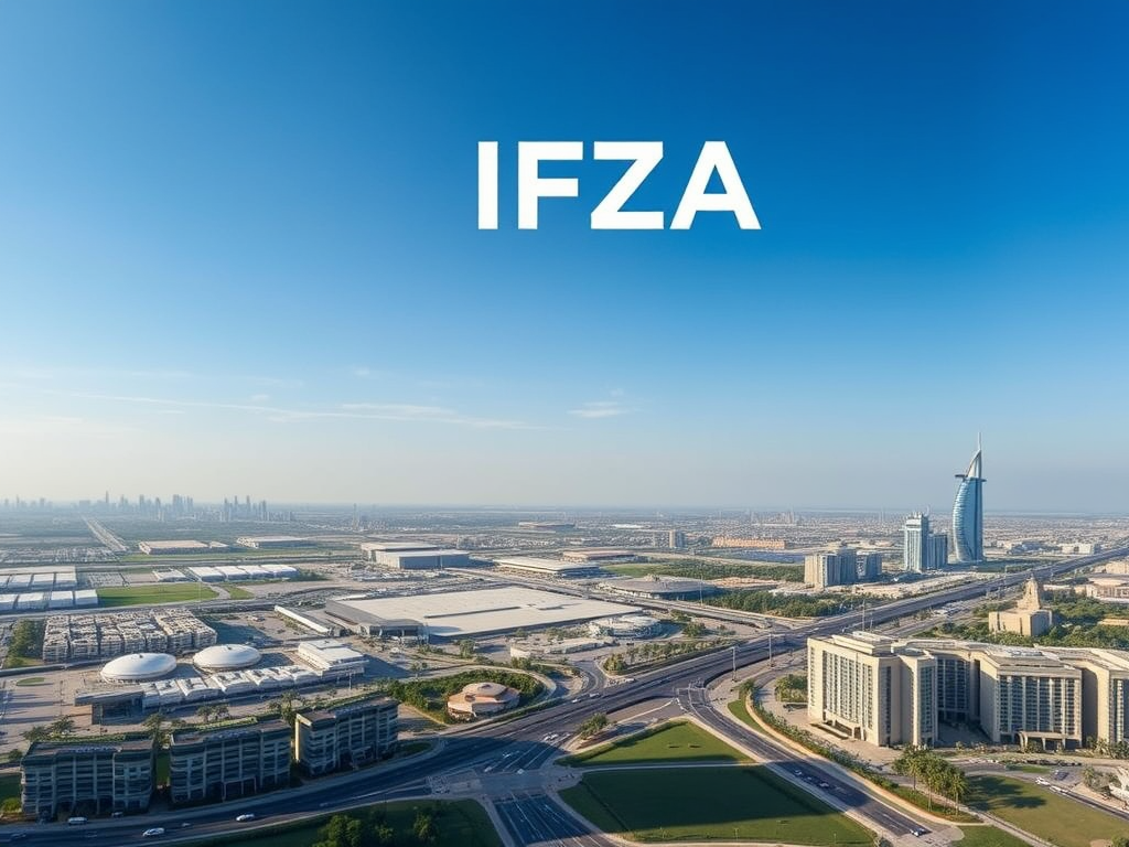 Aerial view of a vast urban landscape with skyscrapers and warehouses, featuring the text "IFZA" prominently.