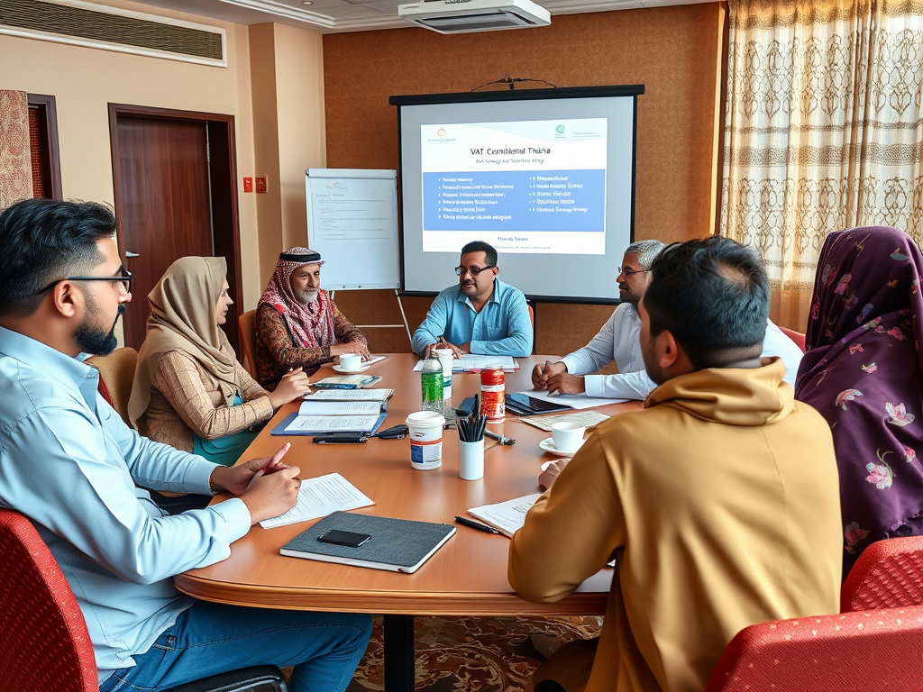 A diverse group of professionals engaged in a meeting, discussing topics with a presentation in the background.