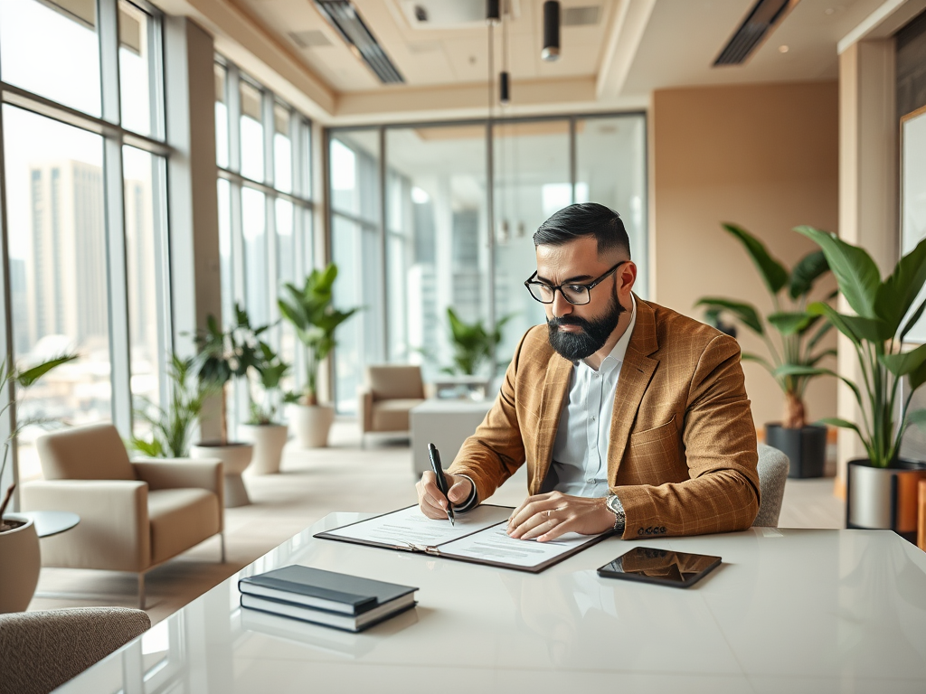 A man in a brown blazer is writing on a document at a stylish office table, surrounded by plants and a city view.