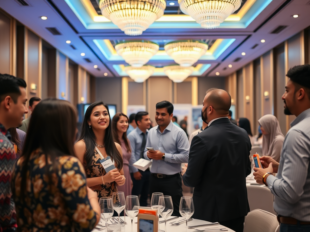 A group of people mingles at a formal event, engaged in conversation with a festive atmosphere.