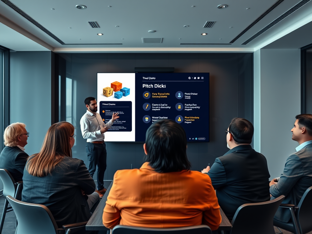 A presenter discusses "Pitch Dicks" in front of an audience during a meeting in a modern conference room.