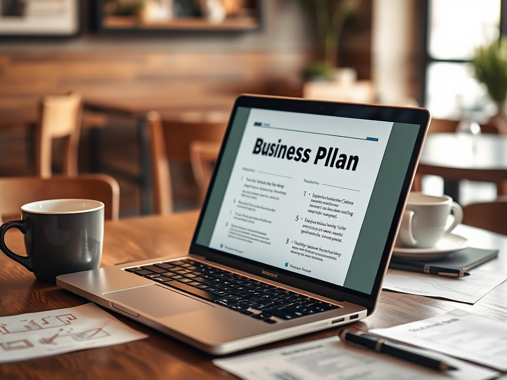 A laptop displays a business plan, beside a coffee cup and scattered documents on a wooden table in a café.